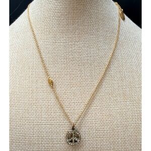 Juicy Couture Rhinestone Peace Sign Necklace Gold Tone Crown Logo Charm